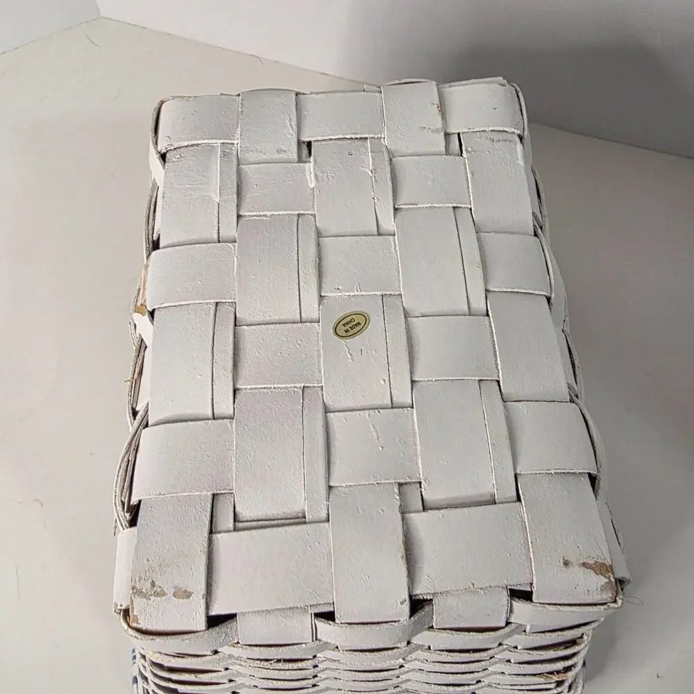White Woven Storage Basket Blue White Stripe Fabric Liner Farmhouse Organizer